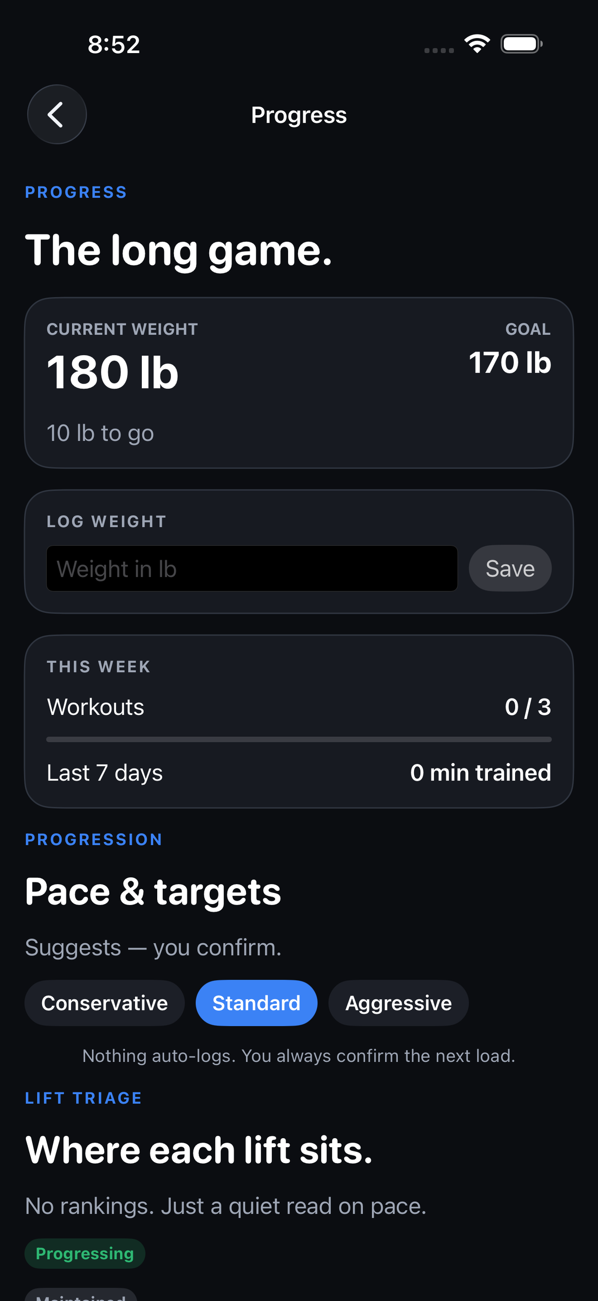 Progress weigh-in. LOG WEIGHT under current weight, pace and lift triage below.