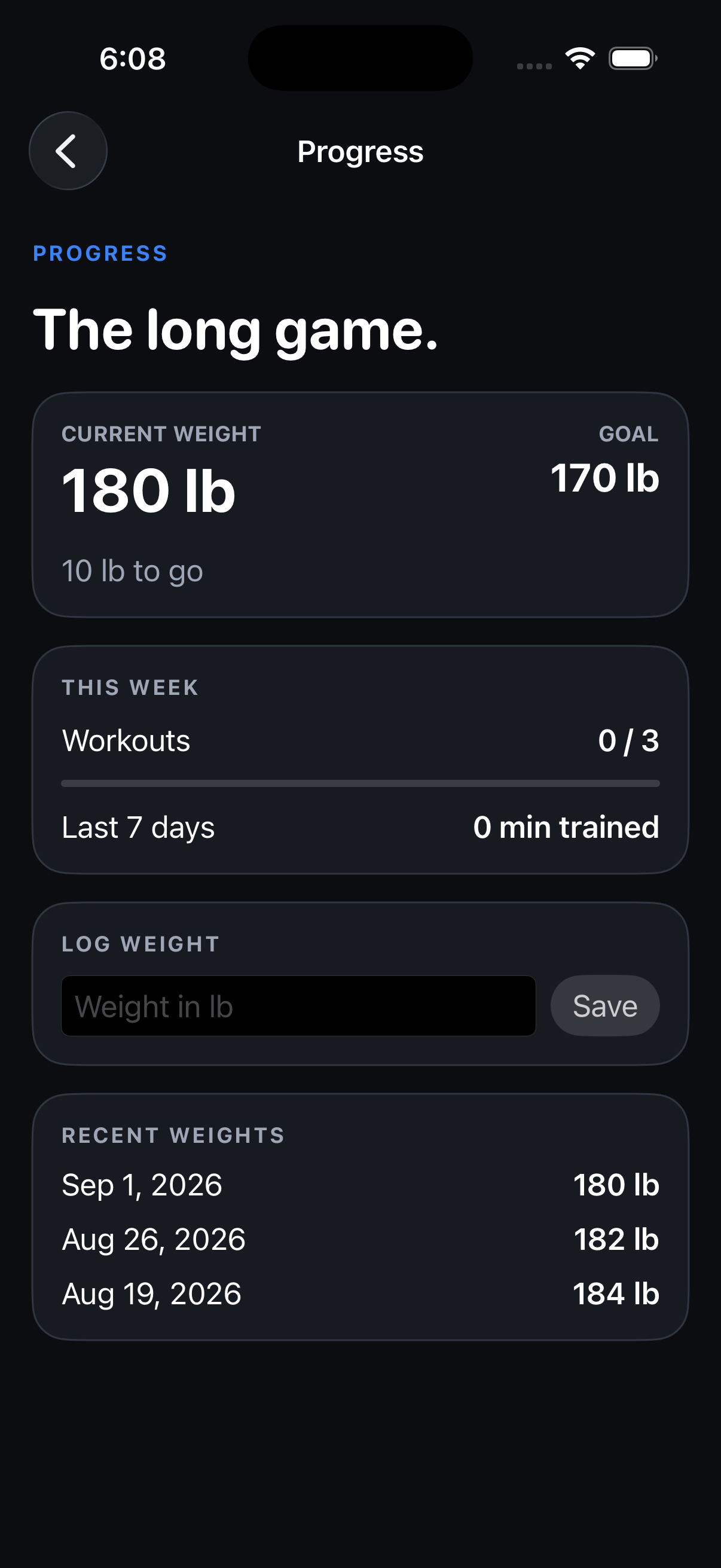 Progress. Current weight 180 pounds, goal 170, recent weights.