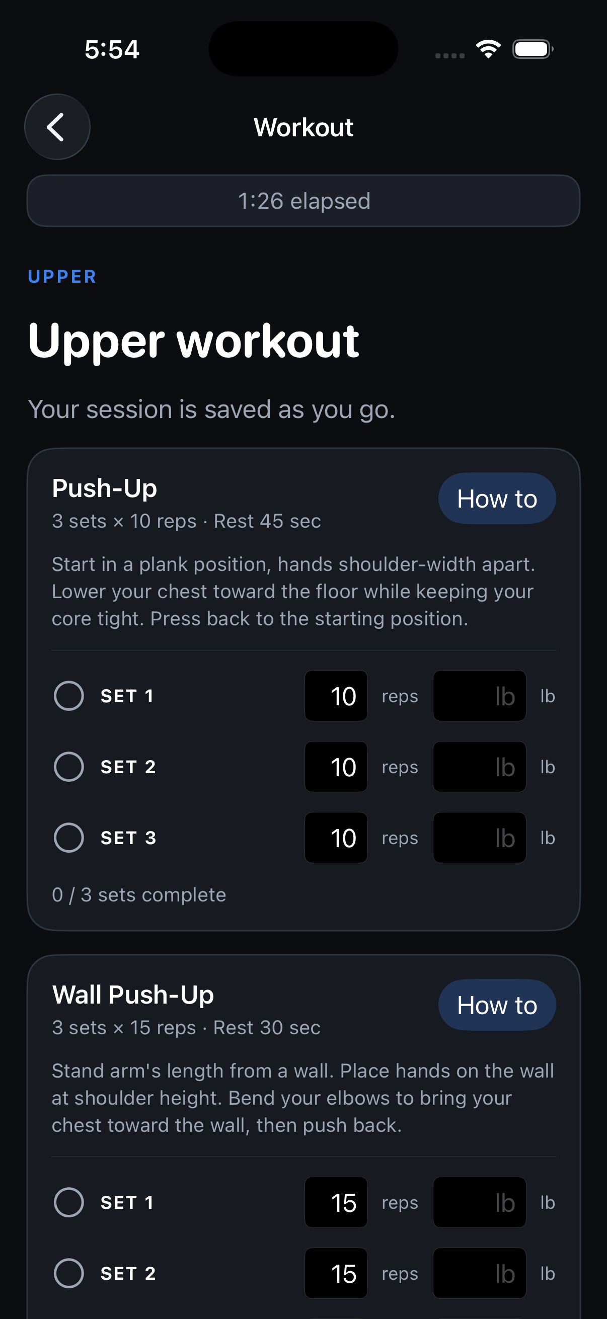 Upper workout. Push-Up sets, rest timer, session saved as you go.